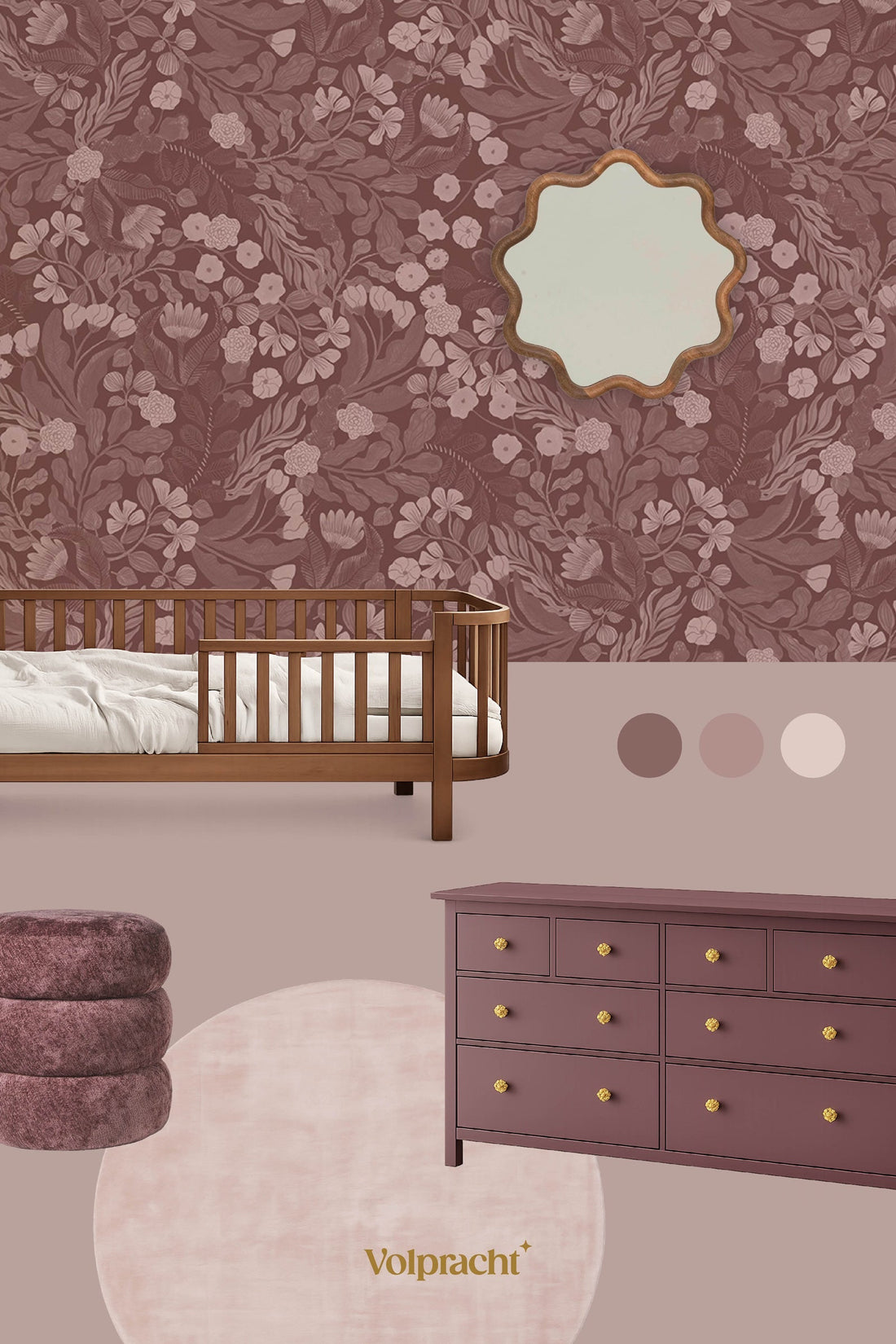 Bloemen behang voor meisjeskamer in mauve tinten