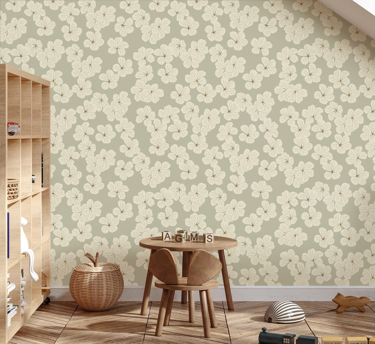 Play corner under a sloped ceiling with Floral wallpaper in green